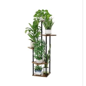 5 Tier Plant Stand Indoor Metal Wood Corner Shelf for Plants Tall, Rustic Brown